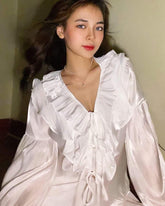 Silk Ruffle Blouse with Gathered Front Detail and Flowing Long Sleeves for Elegant Styling